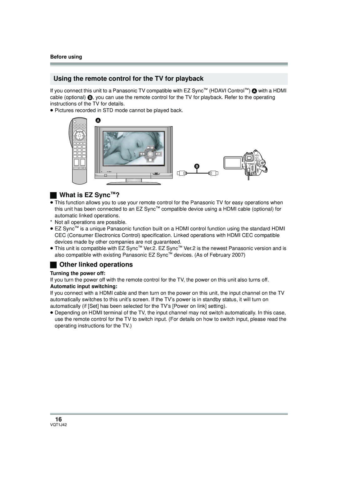 Panasonic HDC-SX5PC Using the remote control for the TV for playback, What is EZ Sync?, Other linked operations 