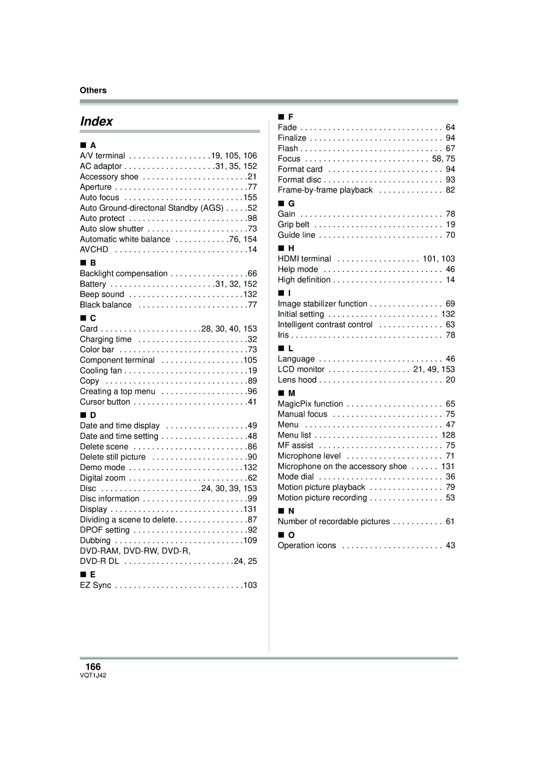 Panasonic HDC-SX5PC operating instructions Index, 166 