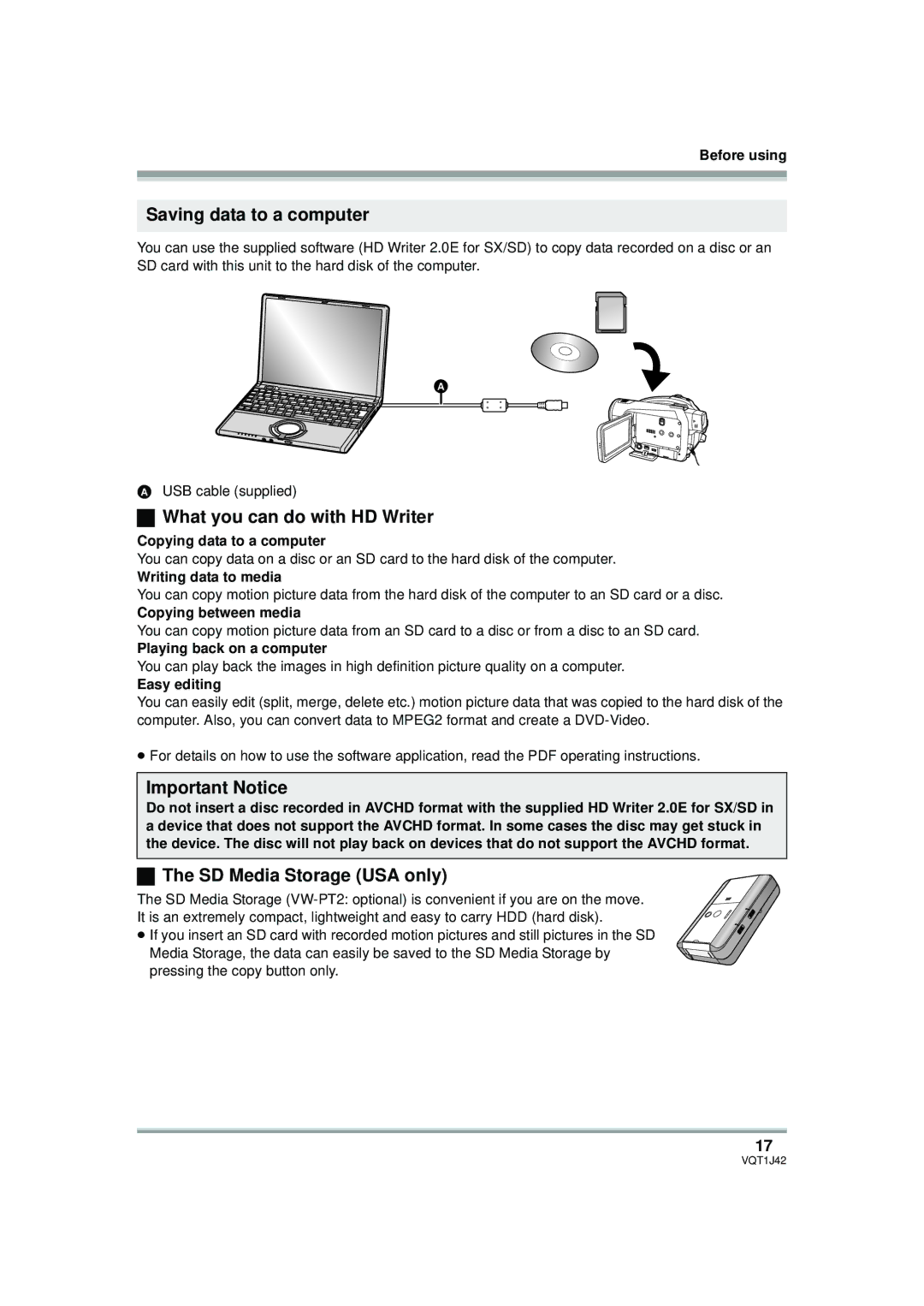 Panasonic HDC-SX5PC Saving data to a computer, What you can do with HD Writer, SD Media Storage USA only 