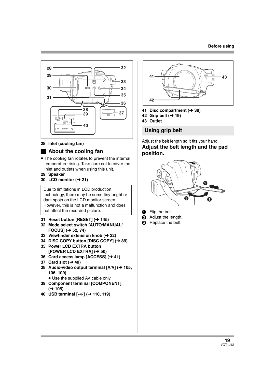 Panasonic HDC-SX5PC About the cooling fan, Using grip belt, Adjust the belt length and the pad position 