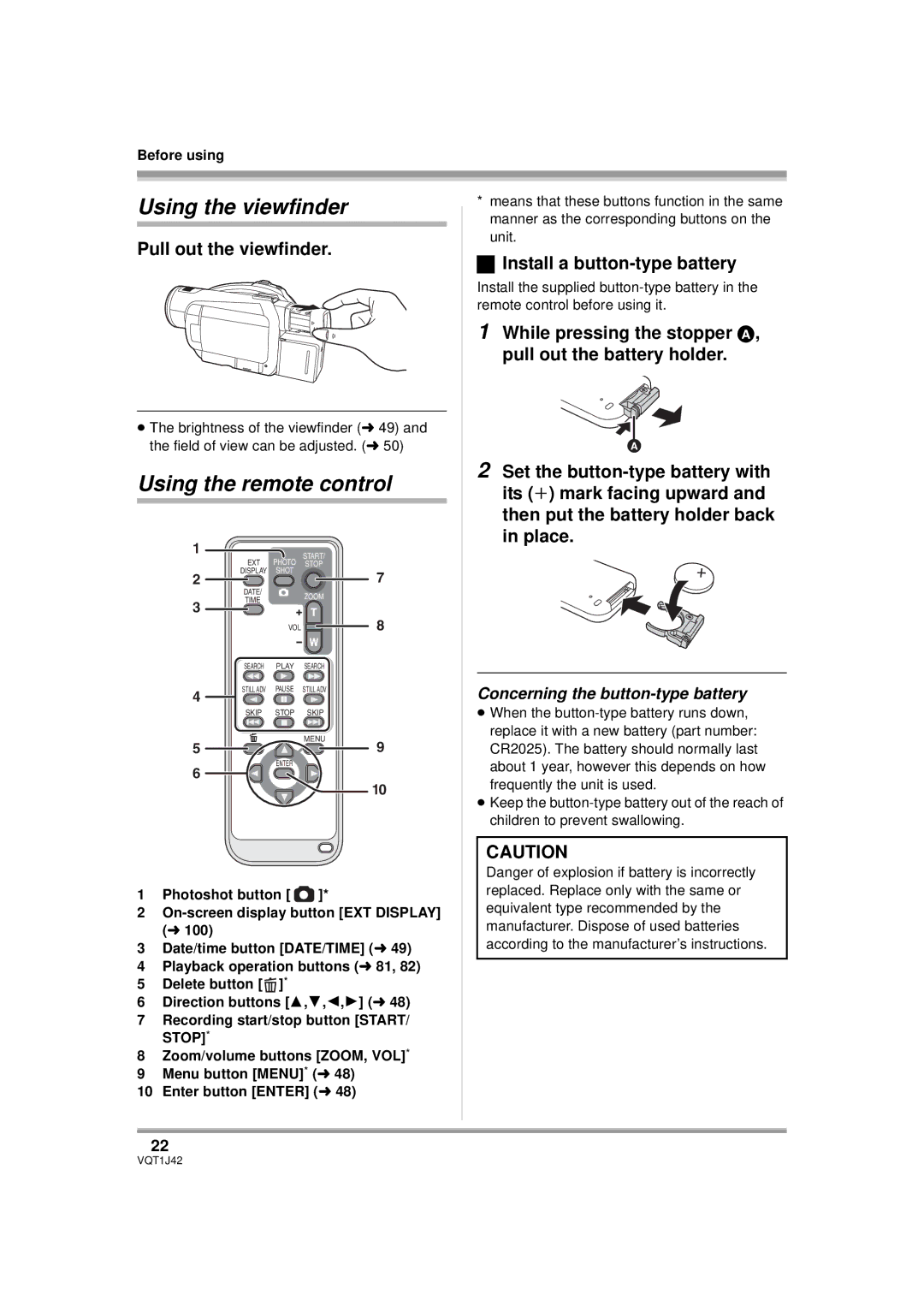 Panasonic HDC-SX5P Using the viewfinder, Using the remote control, Pull out the viewfinder, Install a button-type battery 