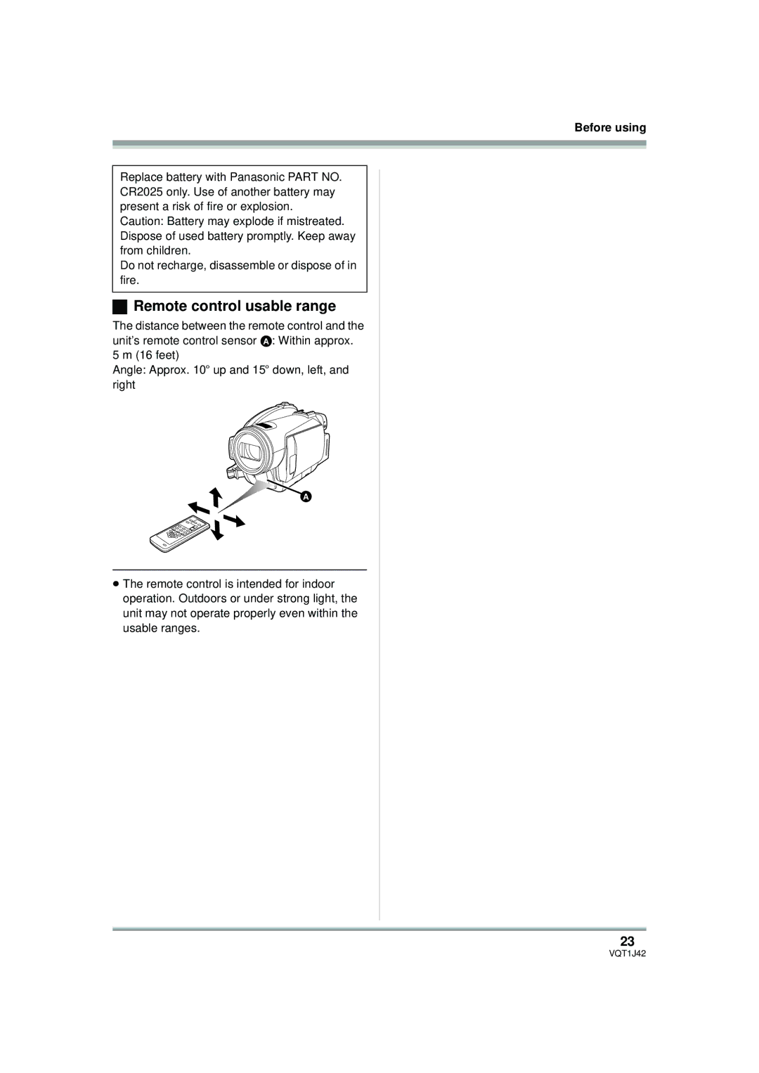 Panasonic HDC-SX5PC operating instructions Remote control usable range 