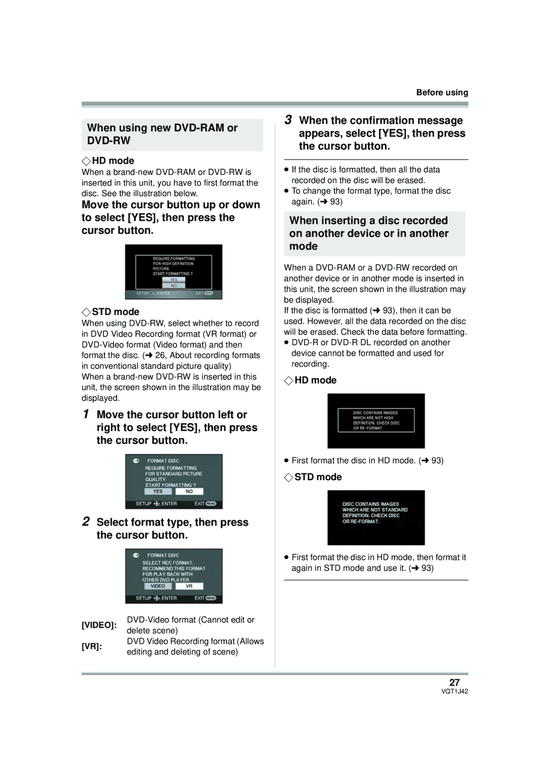 Panasonic HDC-SX5PC operating instructions When using new DVD-RAM or, ¬ HD mode, ¬ STD mode, ¬STD mode 