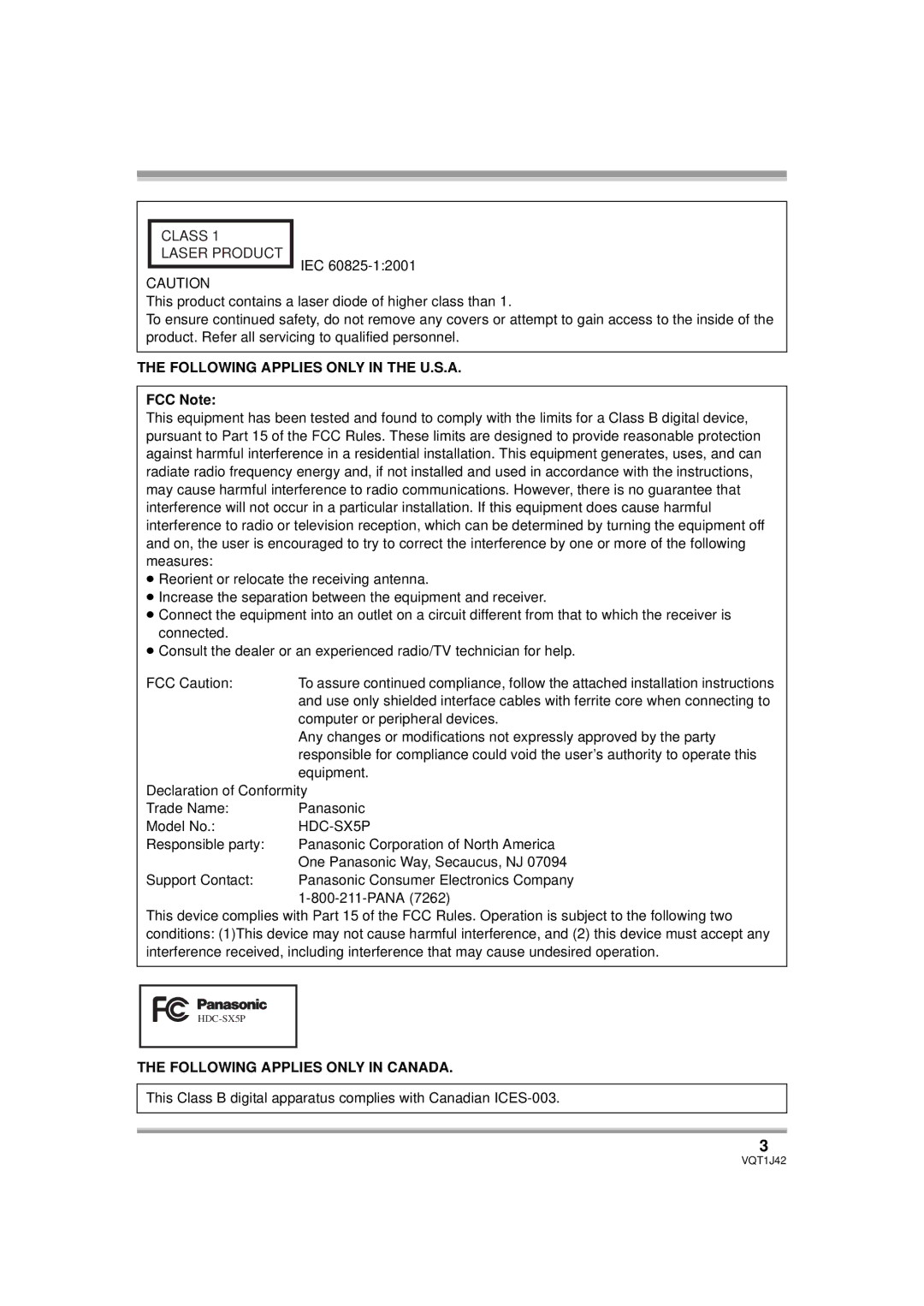 Panasonic HDC-SX5PC operating instructions Following Applies only in the U.S.A, FCC Note, Following Applies only in Canada 