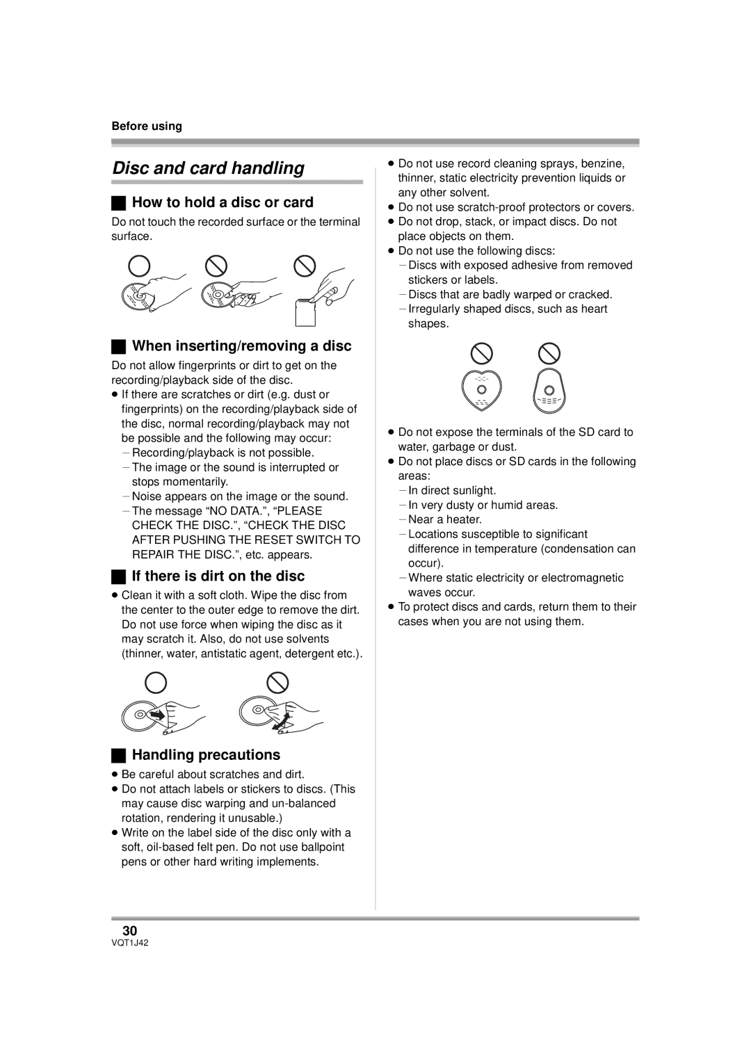 Panasonic HDC-SX5PC Disc and card handling, How to hold a disc or card, When inserting/removing a disc 