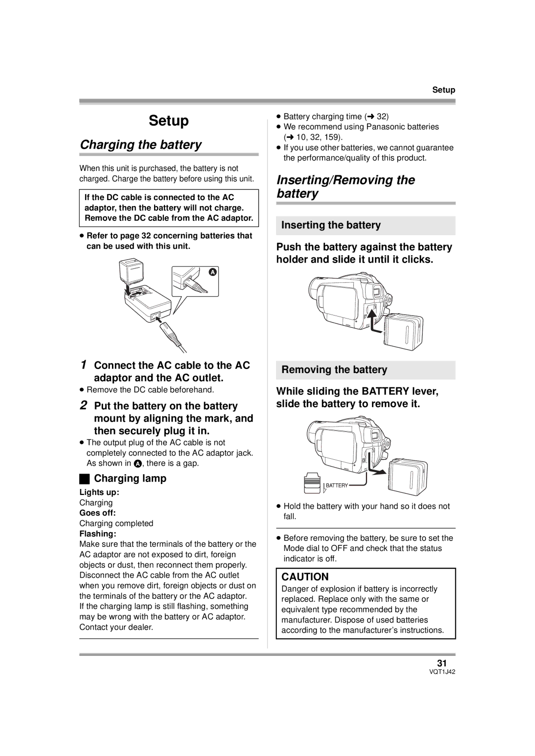 Panasonic HDC-SX5PC operating instructions Charging the battery, Inserting/Removing the battery, Charging lamp 