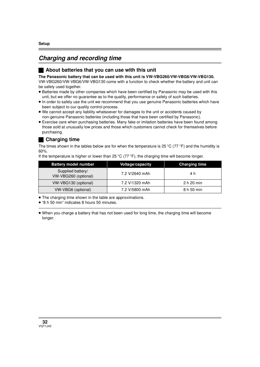 Panasonic HDC-SX5PC Charging and recording time, About batteries that you can use with this unit, Charging time 