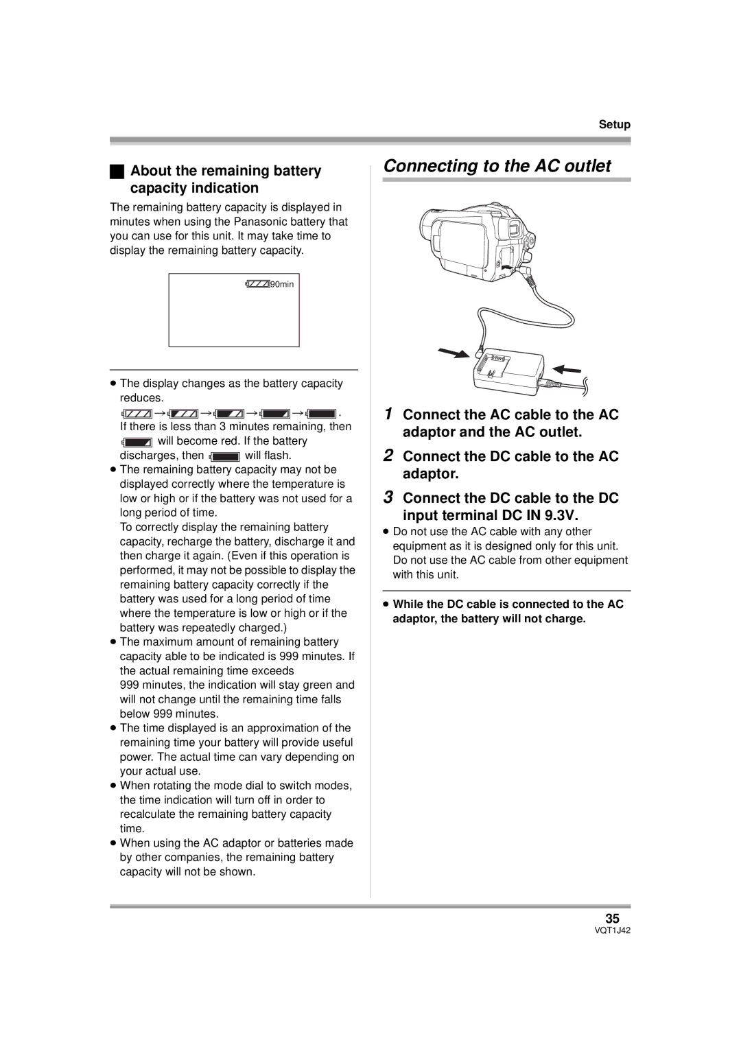 Panasonic HDC-SX5PC operating instructions Connecting to the AC outlet, About the remaining battery capacity indication 