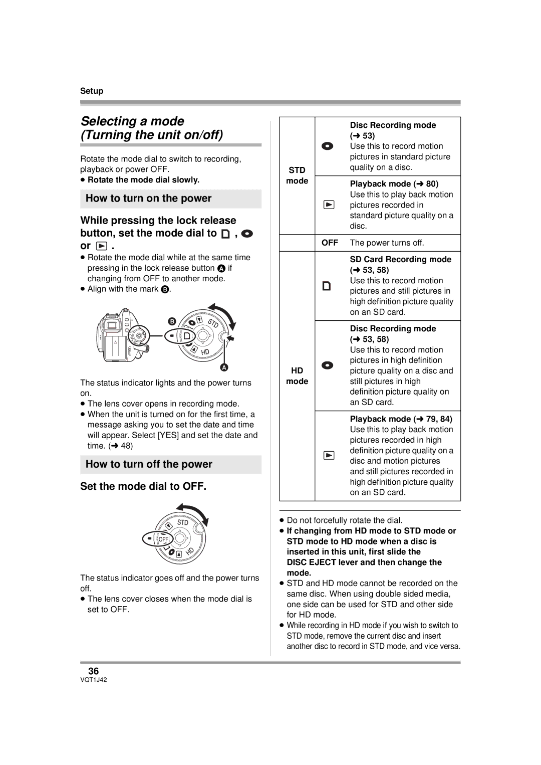 Panasonic HDC-SX5PC operating instructions Selecting a mode Turning the unit on/off, Std 