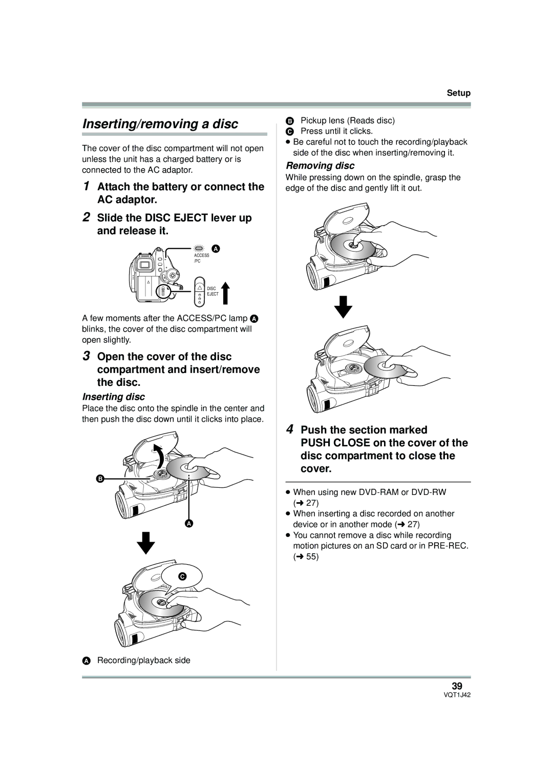 Panasonic HDC-SX5PC operating instructions Inserting/removing a disc, Inserting disc, Removing disc 