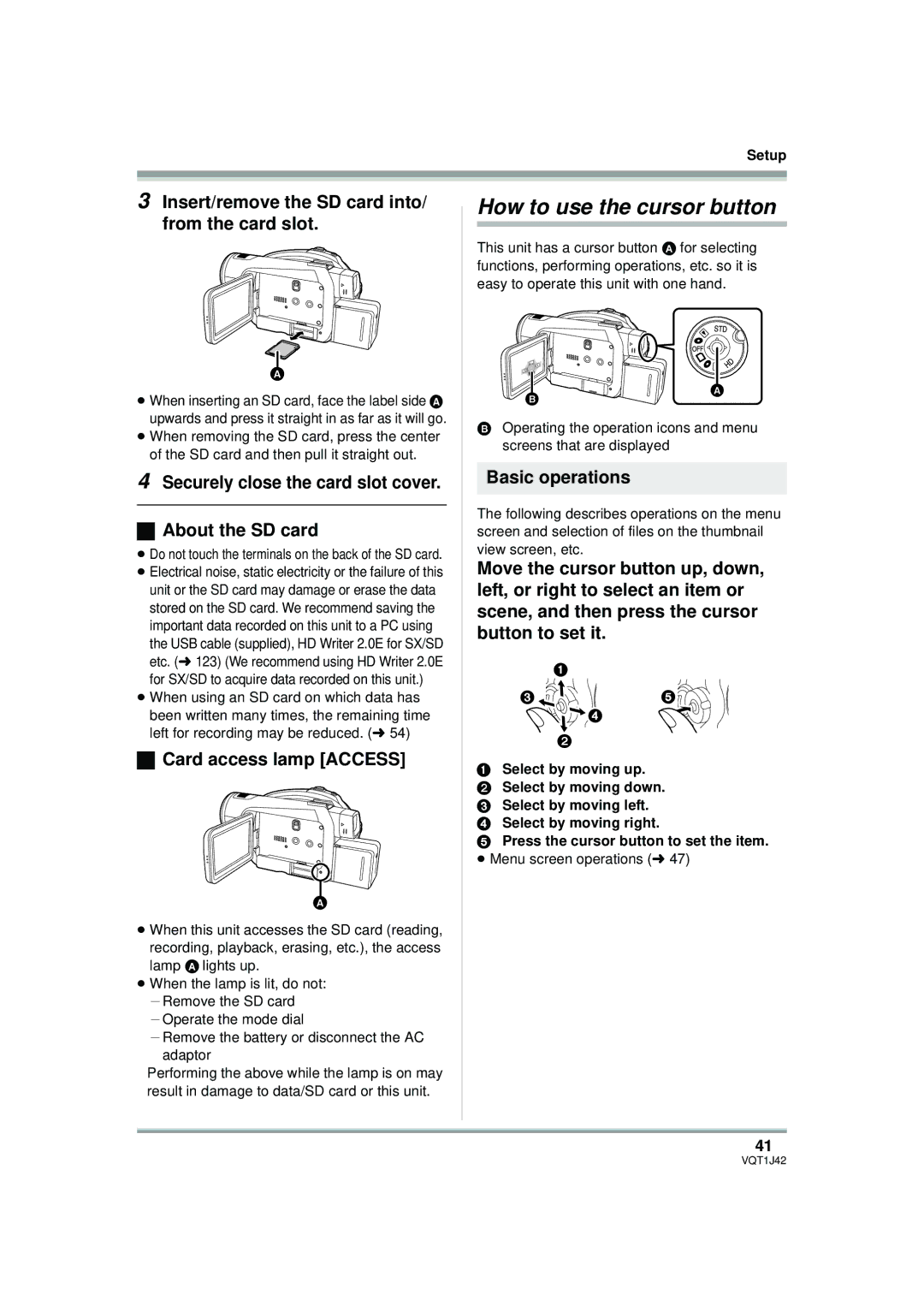 Panasonic HDC-SX5PC How to use the cursor button, Insert/remove the SD card into/ from the card slot, Basic operations 