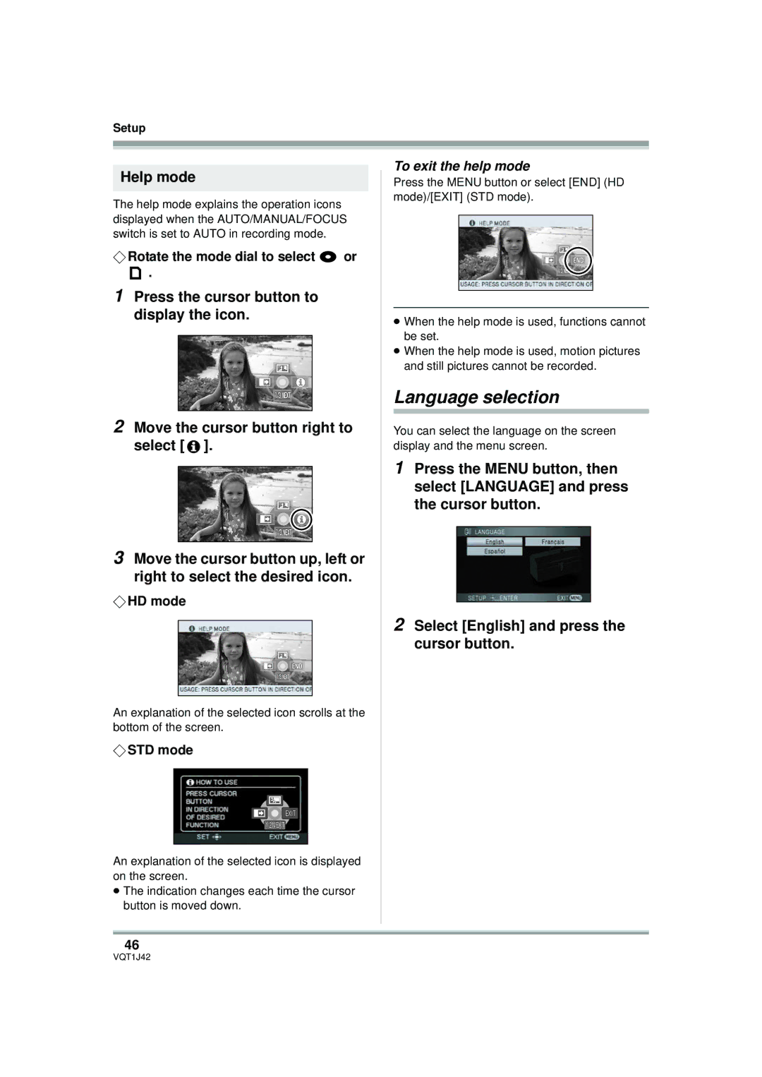 Panasonic HDC-SX5PC operating instructions Language selection, Help mode, To exit the help mode 