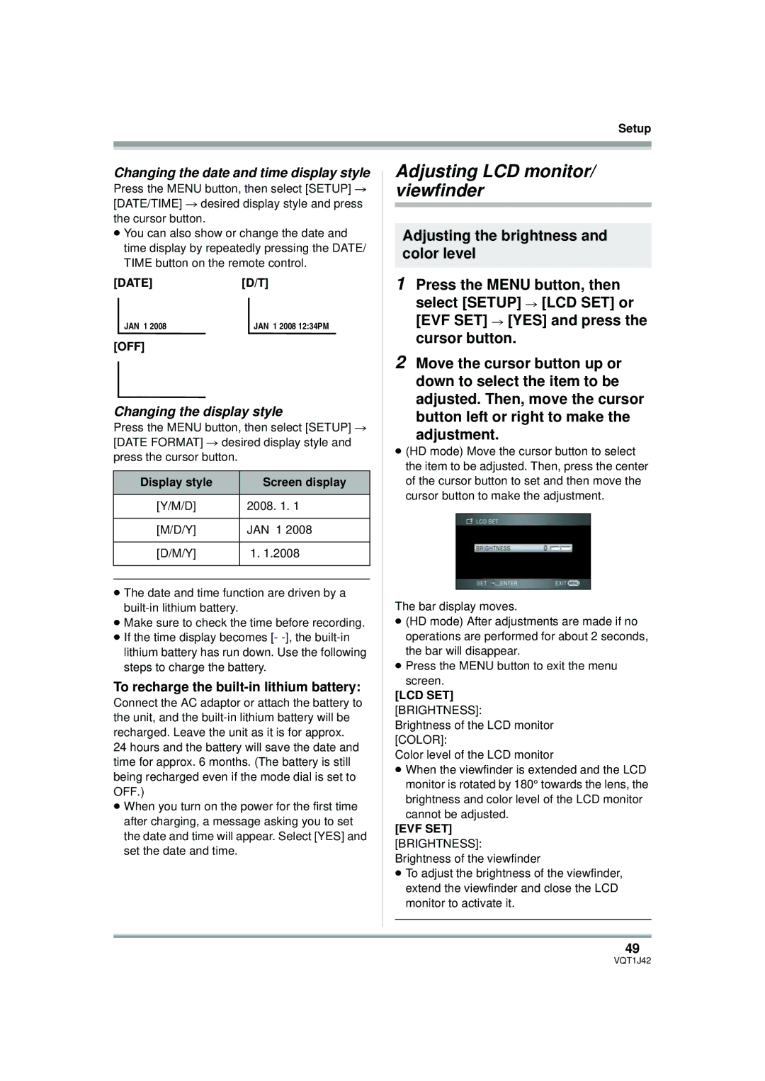 Panasonic HDC-SX5PC operating instructions Adjusting LCD monitor/ viewfinder, Changing the date and time display style 