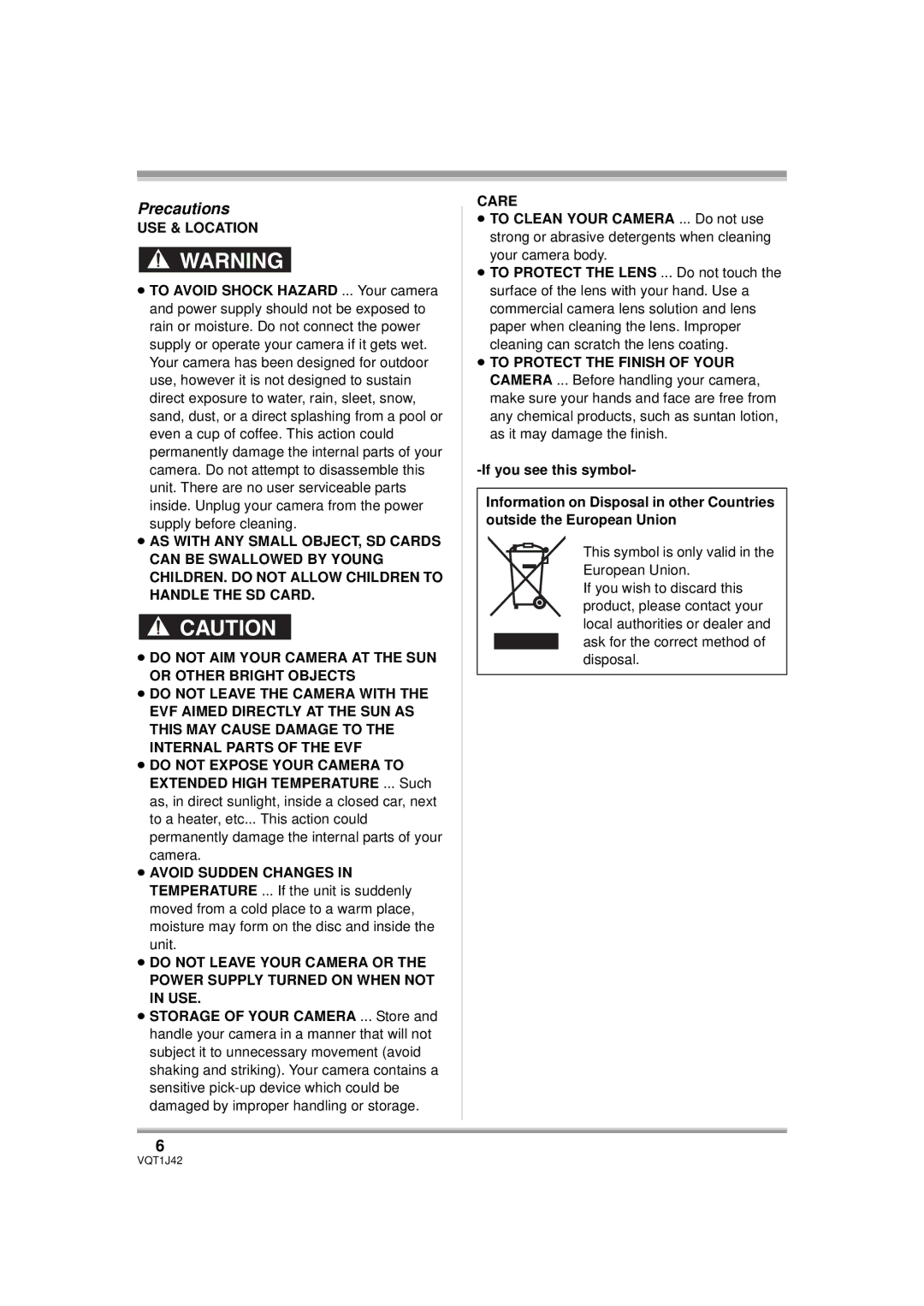 Panasonic HDC-SX5PC operating instructions Precautions, USE & Location, Care 