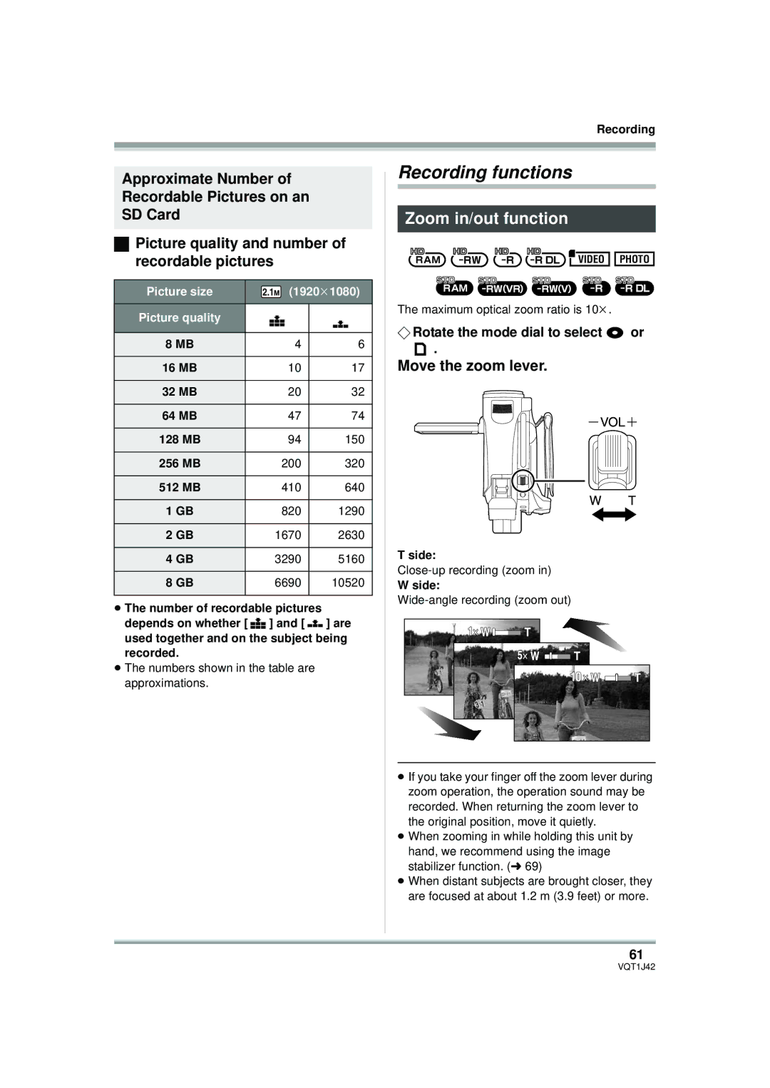 Panasonic HDC-SX5PC operating instructions Recording functions, Zoom in/out function, Move the zoom lever 