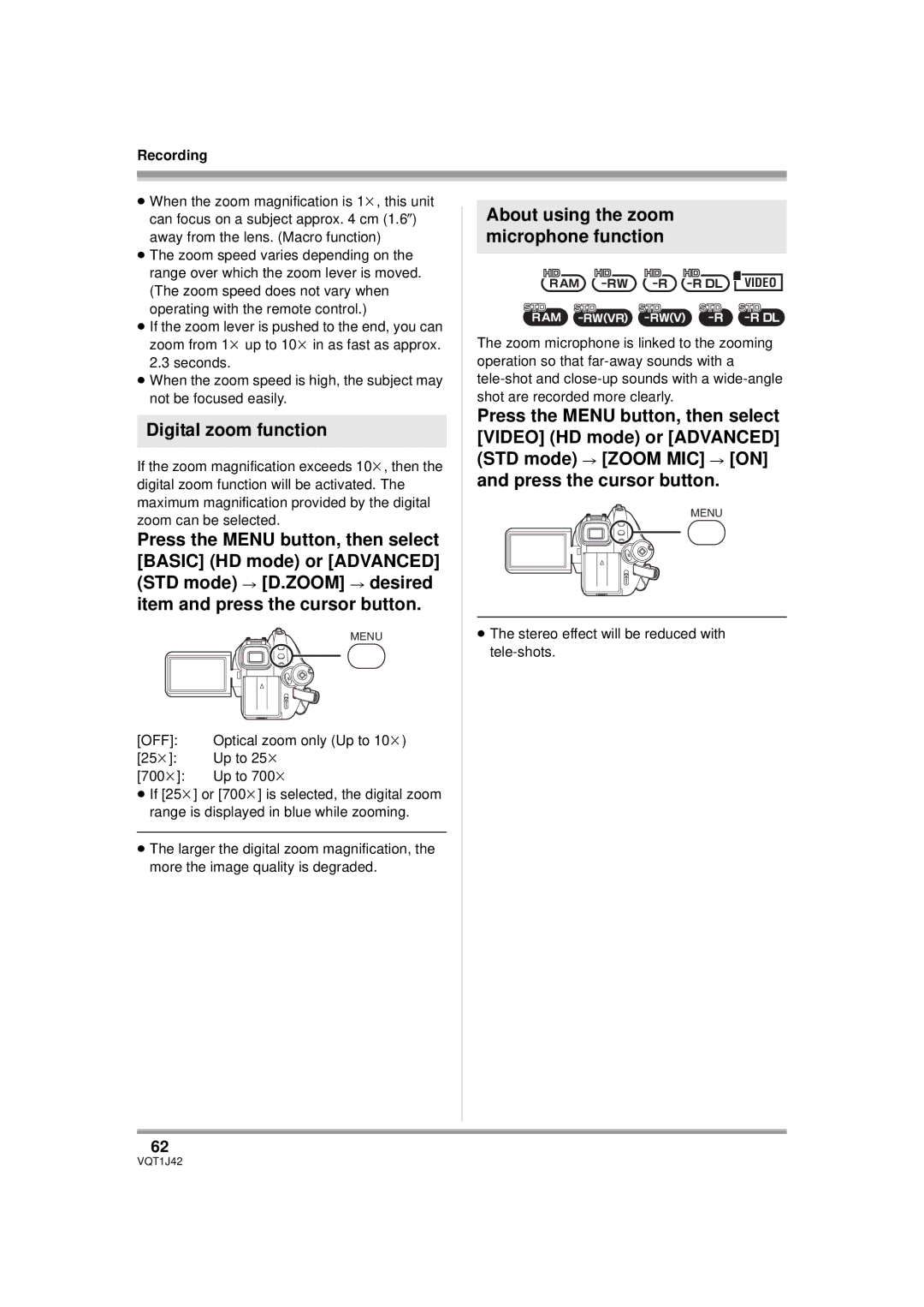 Panasonic HDC-SX5PC operating instructions Digital zoom function, About using the zoom microphone function 