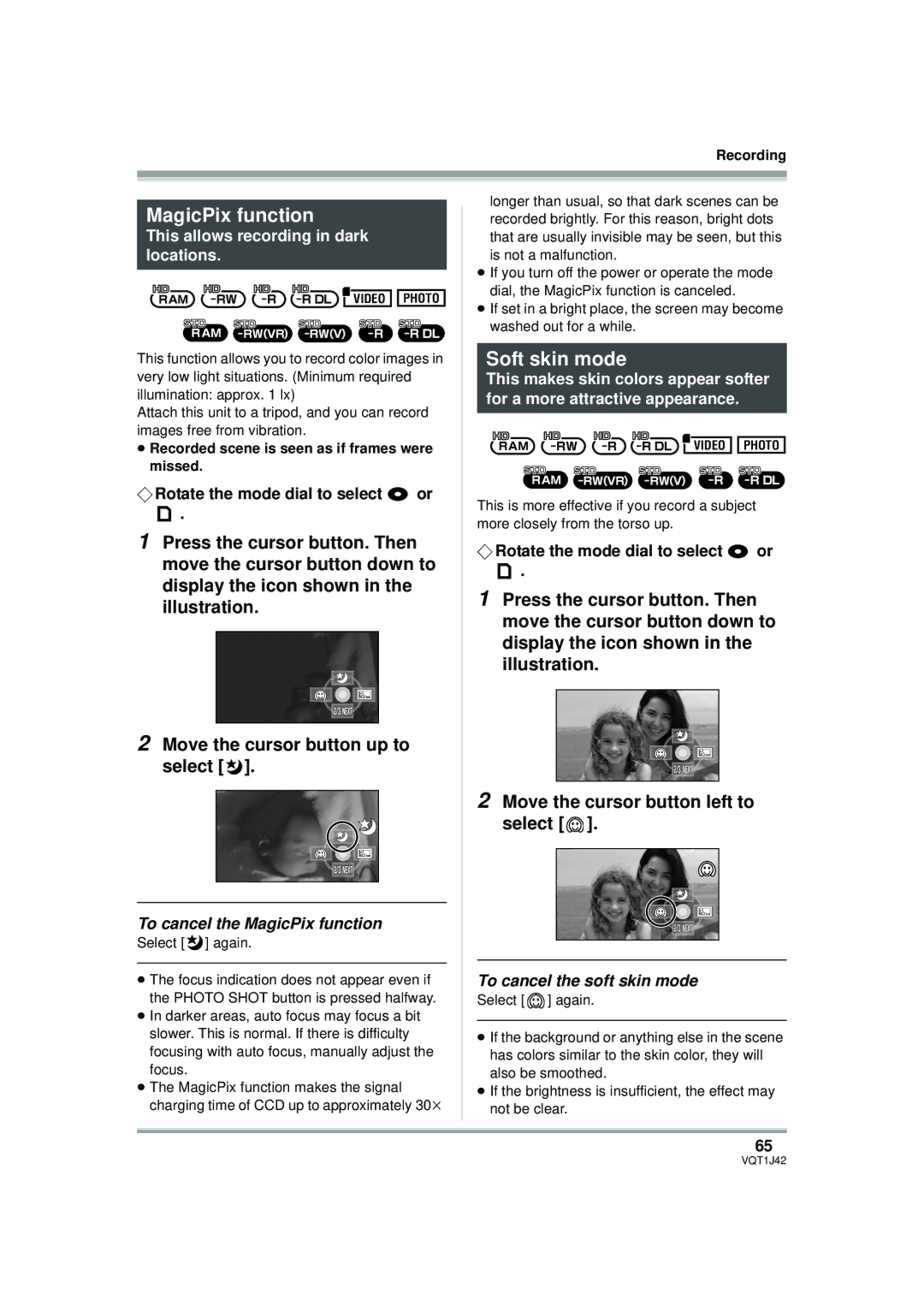 Panasonic HDC-SX5PC operating instructions MagicPix function, Soft skin mode, This allows recording in dark locations 