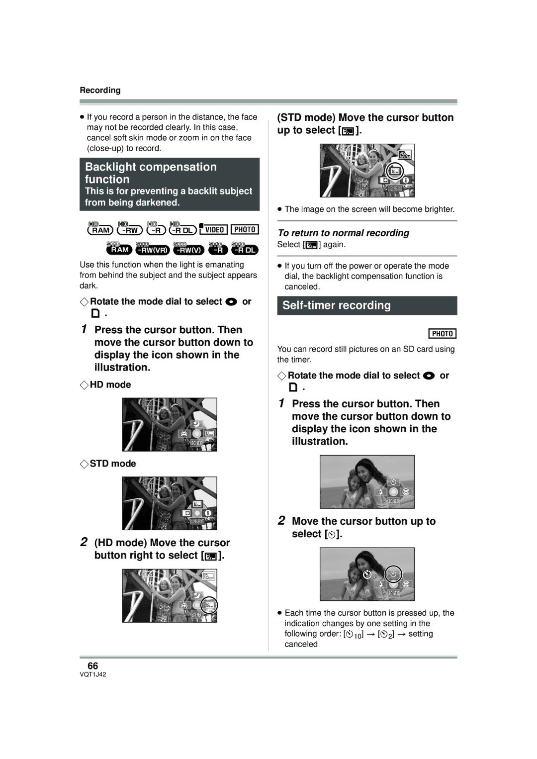 Panasonic HDC-SX5PC operating instructions Backlight compensation function, Self-timer recording, ¬ HD mode ¬ STD mode 