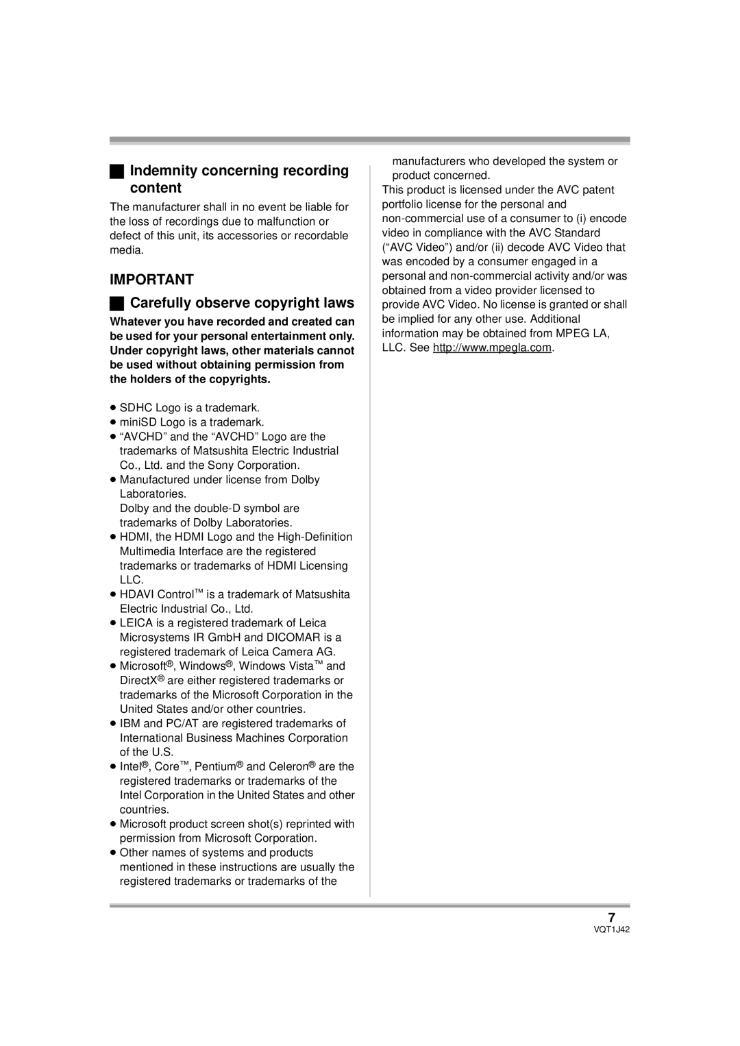 Panasonic HDC-SX5PC operating instructions Indemnity concerning recording content, Carefully observe copyright laws 