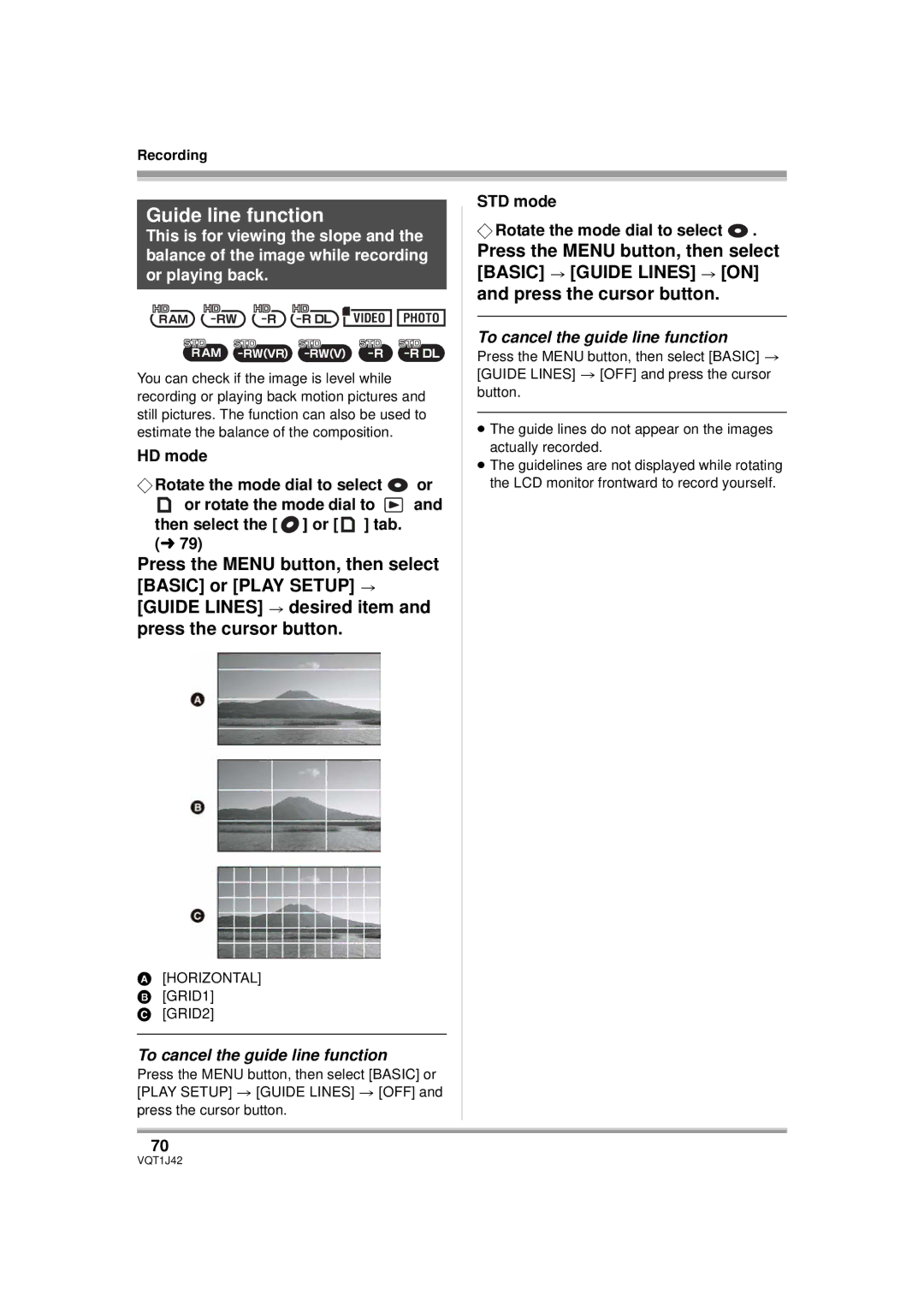 Panasonic HDC-SX5P Guide line function, To cancel the guide line function, STD mode ¬ Rotate the mode dial to select 