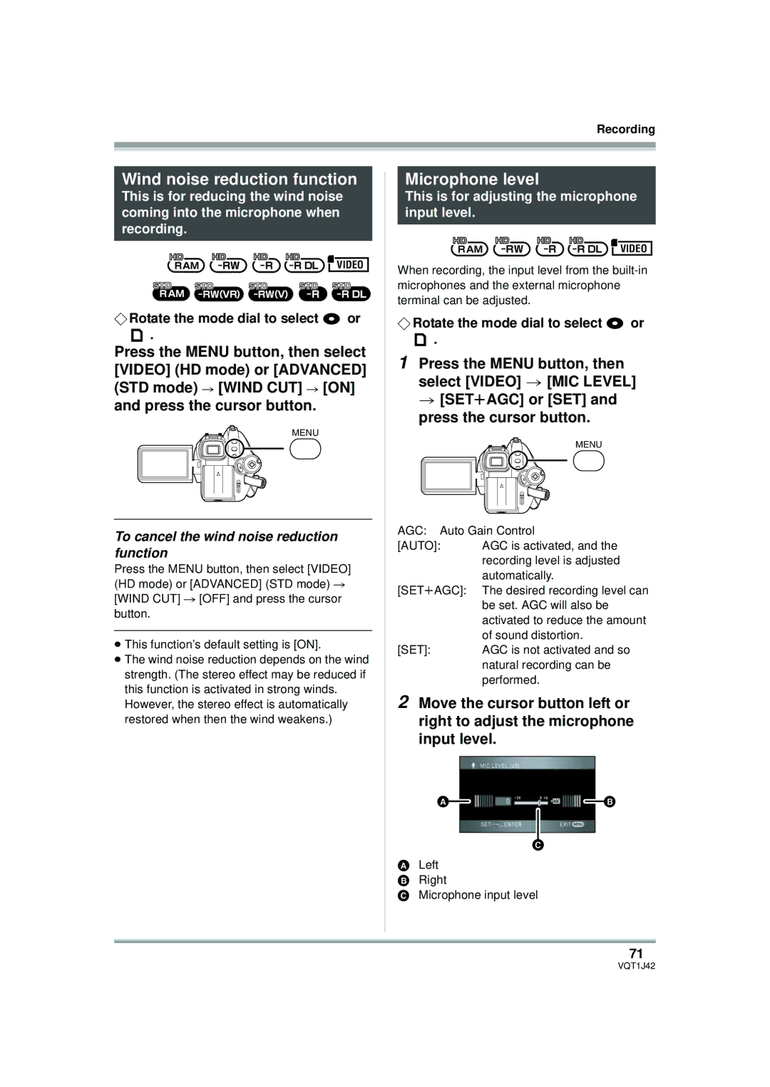 Panasonic HDC-SX5PC Wind noise reduction function, Microphone level, To cancel the wind noise reduction function 