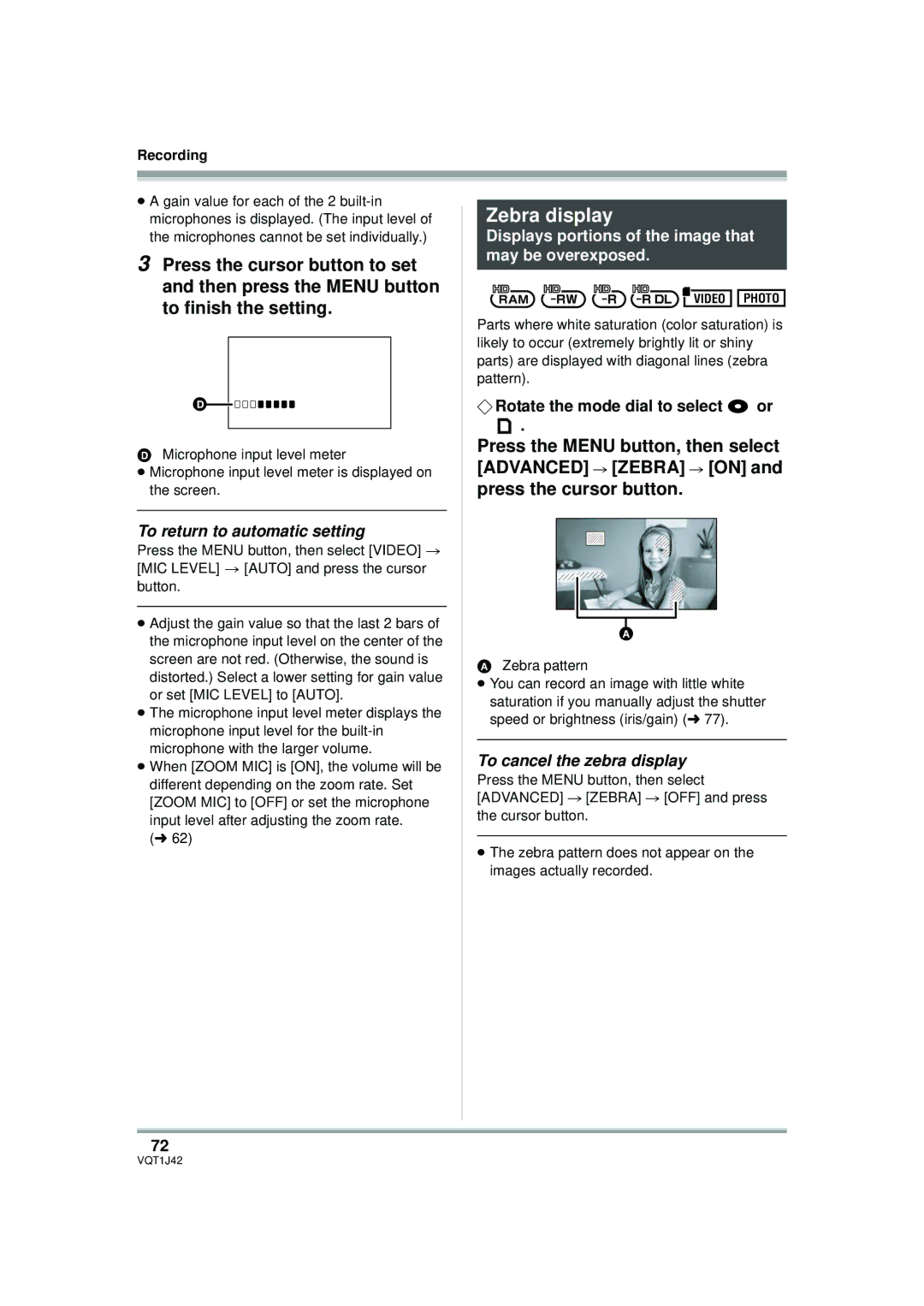 Panasonic HDC-SX5P Zebra display, To return to automatic setting, Displays portions of the image that may be overexposed 