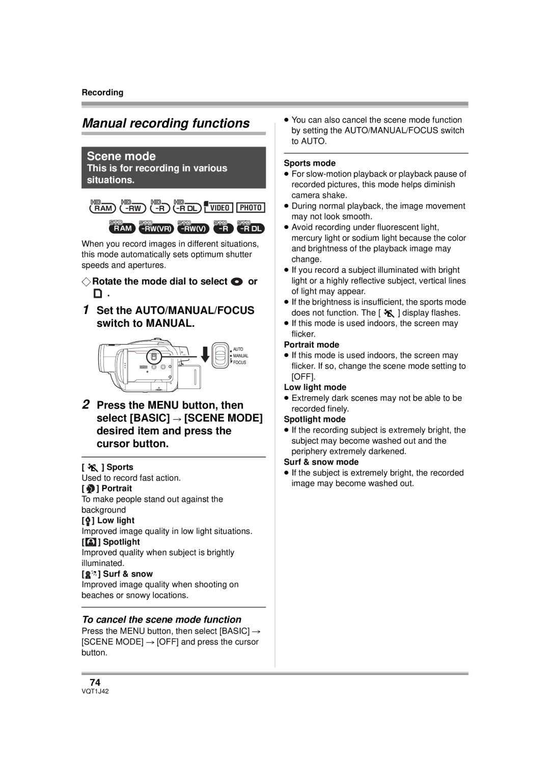 Panasonic HDC-SX5PC Manual recording functions, Scene mode, This is for recording in various situations 