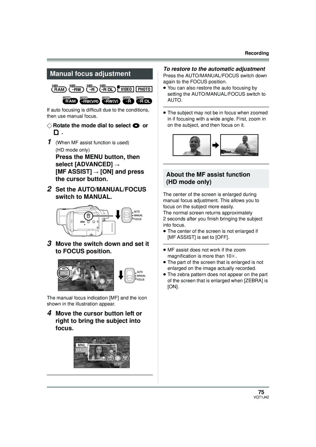 Panasonic HDC-SX5PC operating instructions Manual focus adjustment, About the MF assist function HD mode only 