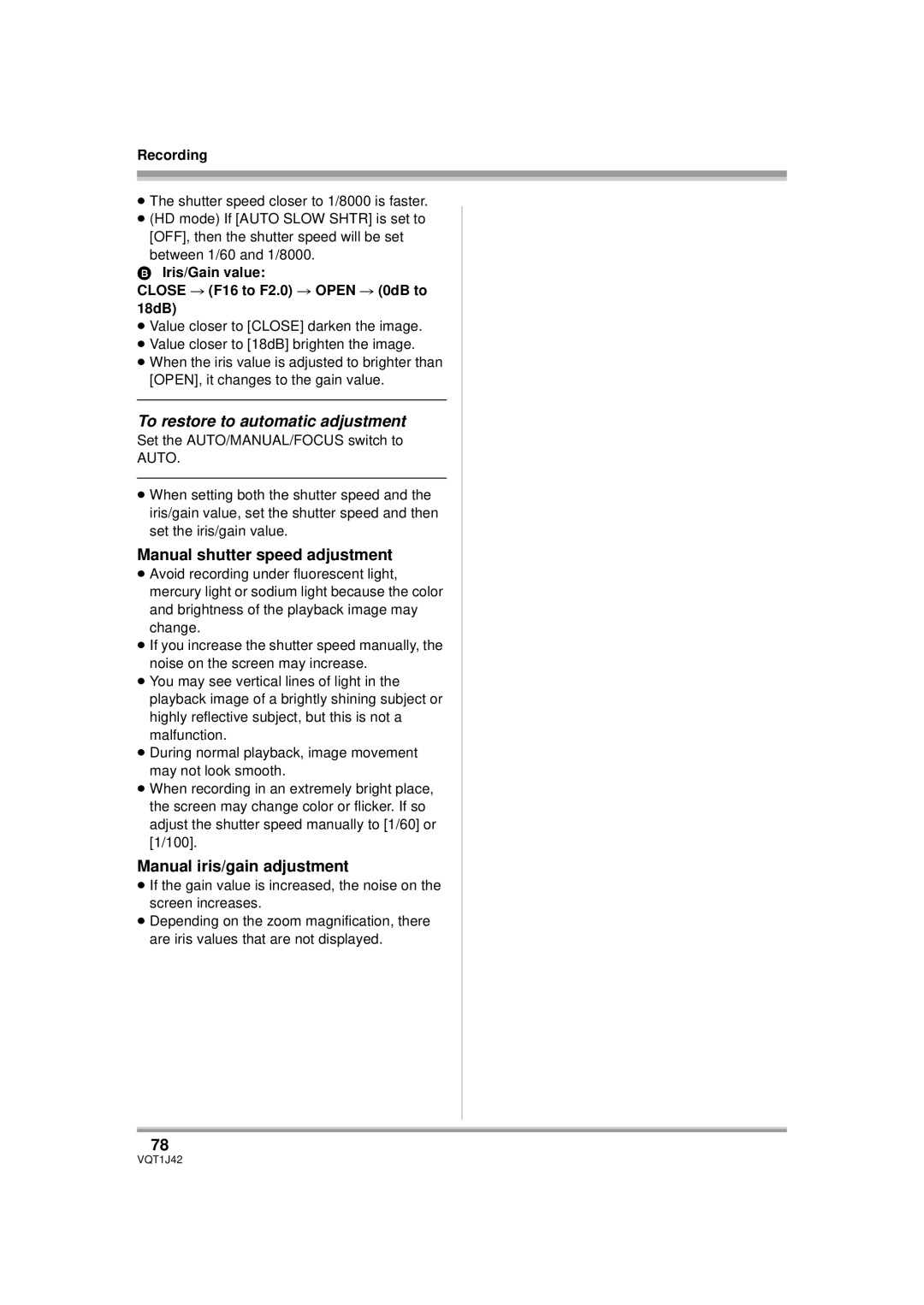 Panasonic HDC-SX5P To restore to automatic adjustment, Manual shutter speed adjustment, Manual iris/gain adjustment 