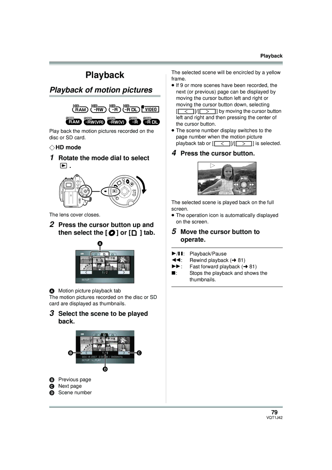 Panasonic HDC-SX5PC operating instructions Playback of motion pictures, Press the cursor button up Then select the or tab 