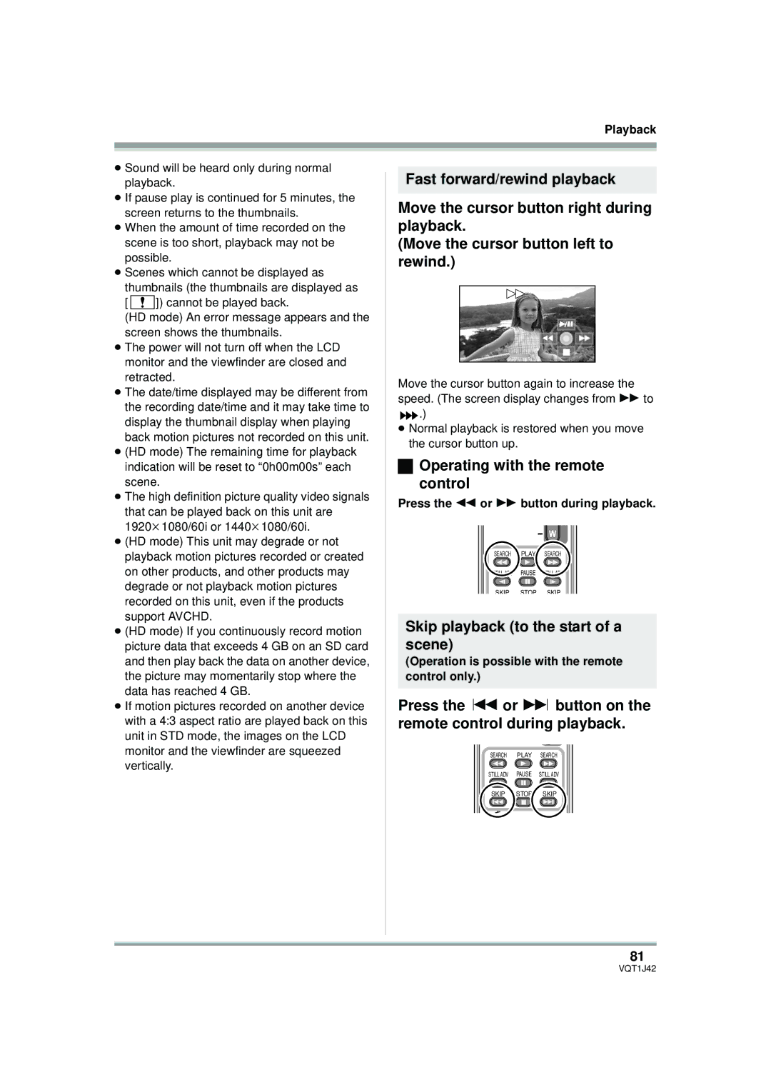 Panasonic HDC-SX5PC operating instructions Operating with the remote control, Skip playback to the start of a scene 