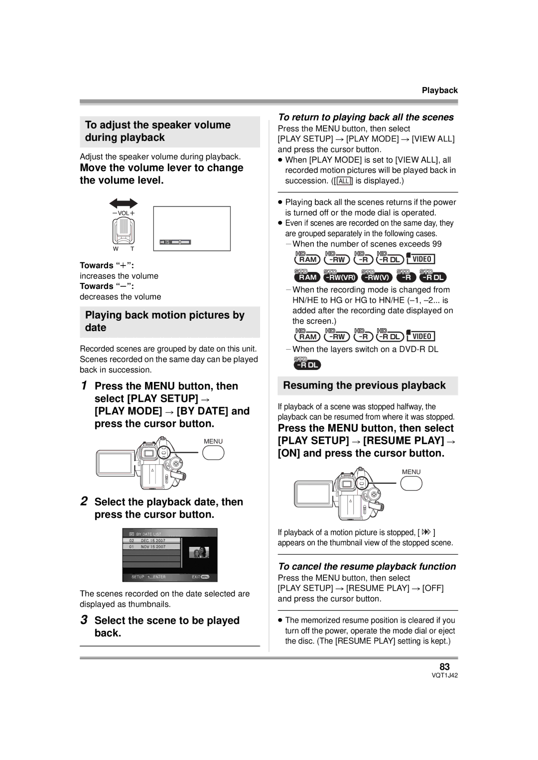 Panasonic HDC-SX5PC To adjust the speaker volume during playback, Move the volume lever to change the volume level 