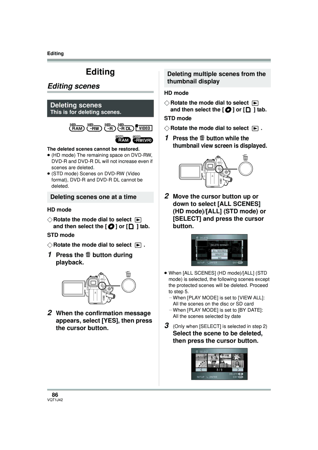 Panasonic HDC-SX5PC Editing scenes, Deleting scenes one at a time, This is for deleting scenes 