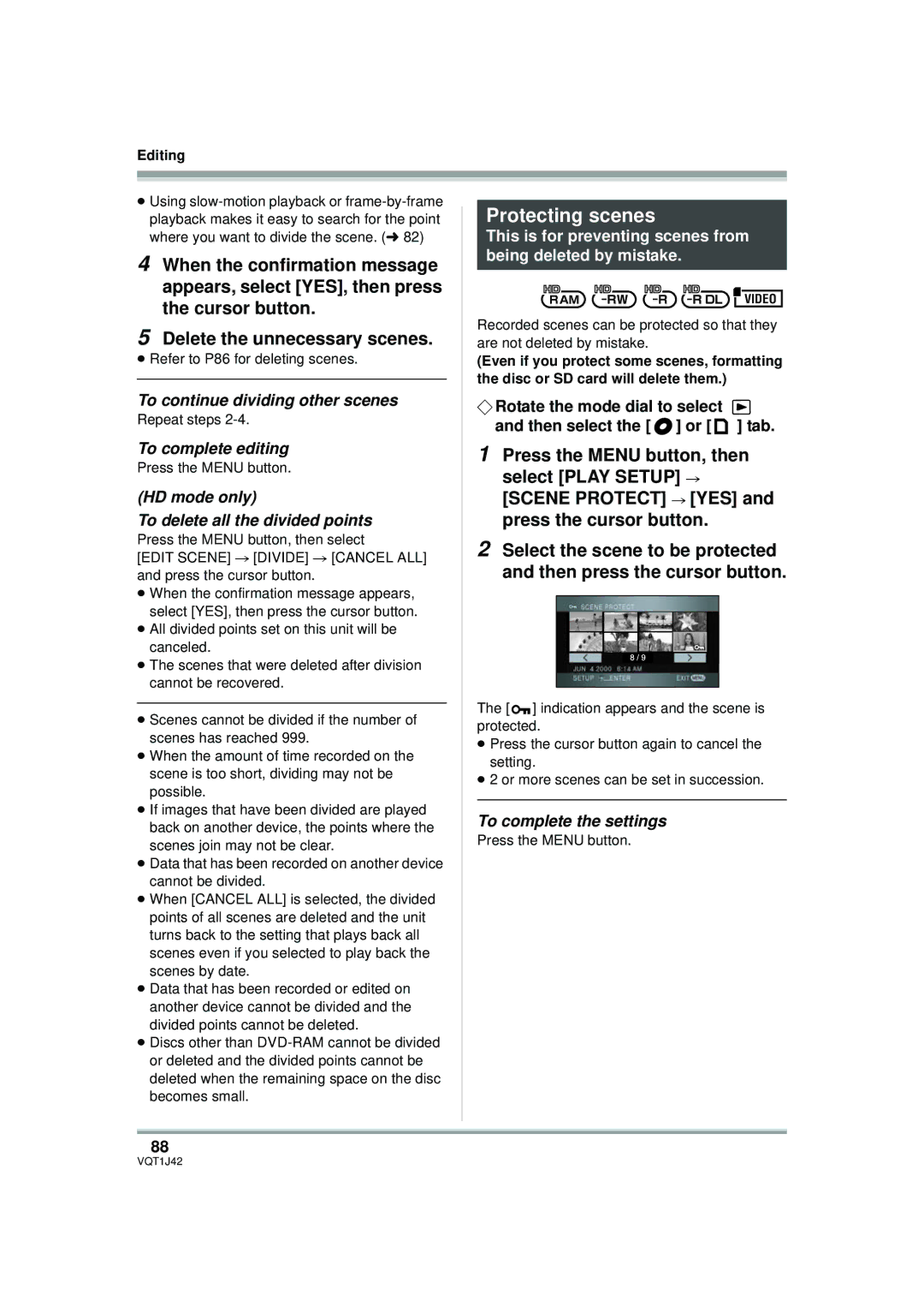 Panasonic HDC-SX5P Protecting scenes, To continue dividing other scenes, HD mode only To delete all the divided points 