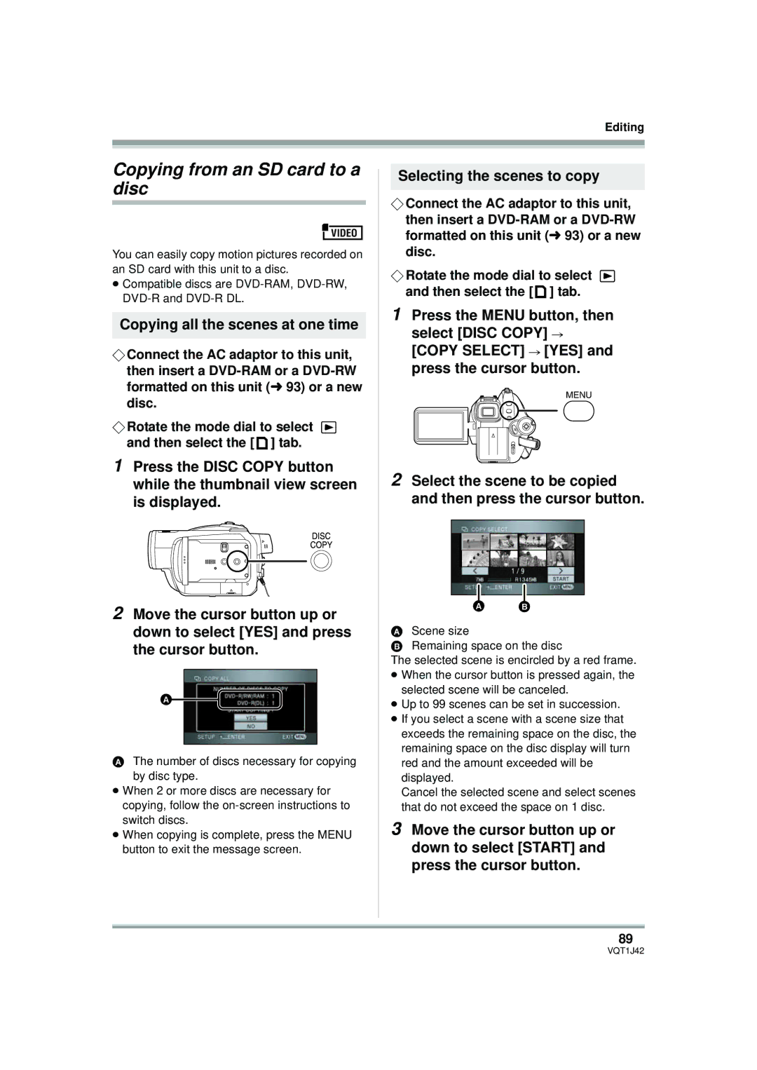 Panasonic HDC-SX5PC Copying from an SD card to a disc, Copying all the scenes at one time, Selecting the scenes to copy 