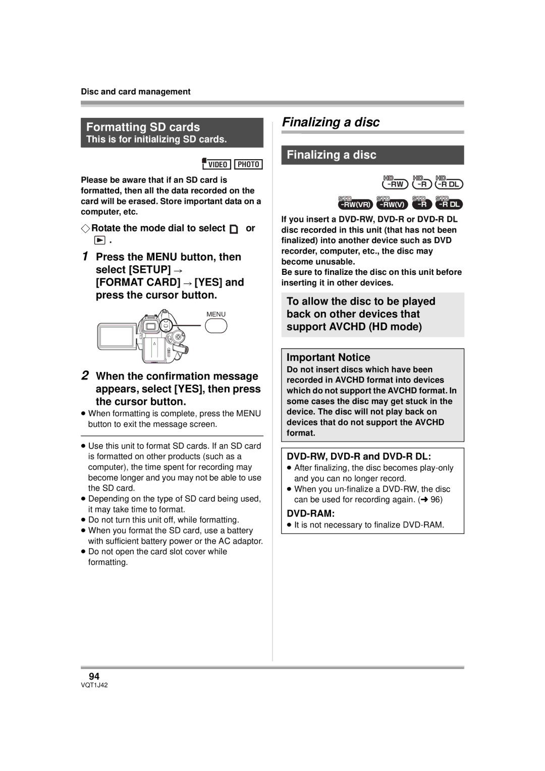 Panasonic HDC-SX5P Finalizing a disc, Formatting SD cards, This is for initializing SD cards, DVD-RW, DVD-R and DVD-R DL 