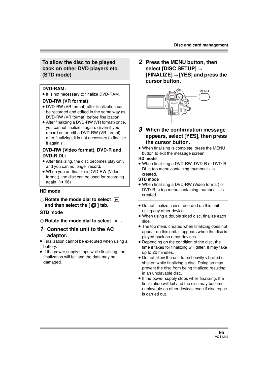 Panasonic HDC-SX5PC Connect this unit to the AC Adaptor, DVD-RW VR format, DVD-RW Video format, DVD-R and DVD-R DL 