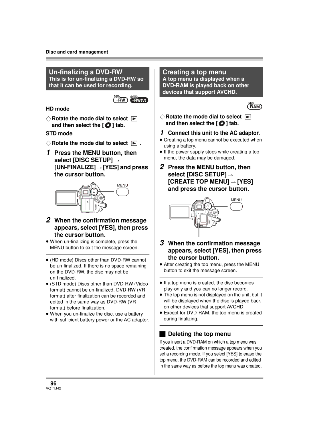 Panasonic HDC-SX5PC operating instructions Un-finalizing a DVD-RW, Creating a top menu, Deleting the top menu 