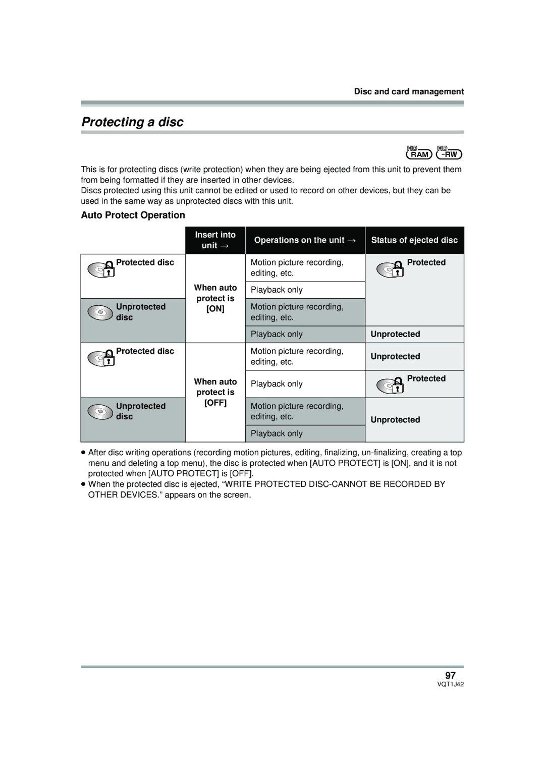 Panasonic HDC-SX5PC operating instructions Protecting a disc, Auto Protect Operation, Protected disc, Unprotected, Disc 