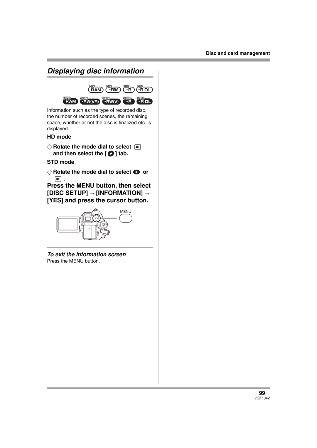 Panasonic HDC-SX5PC operating instructions Displaying disc information, To exit the information screen 