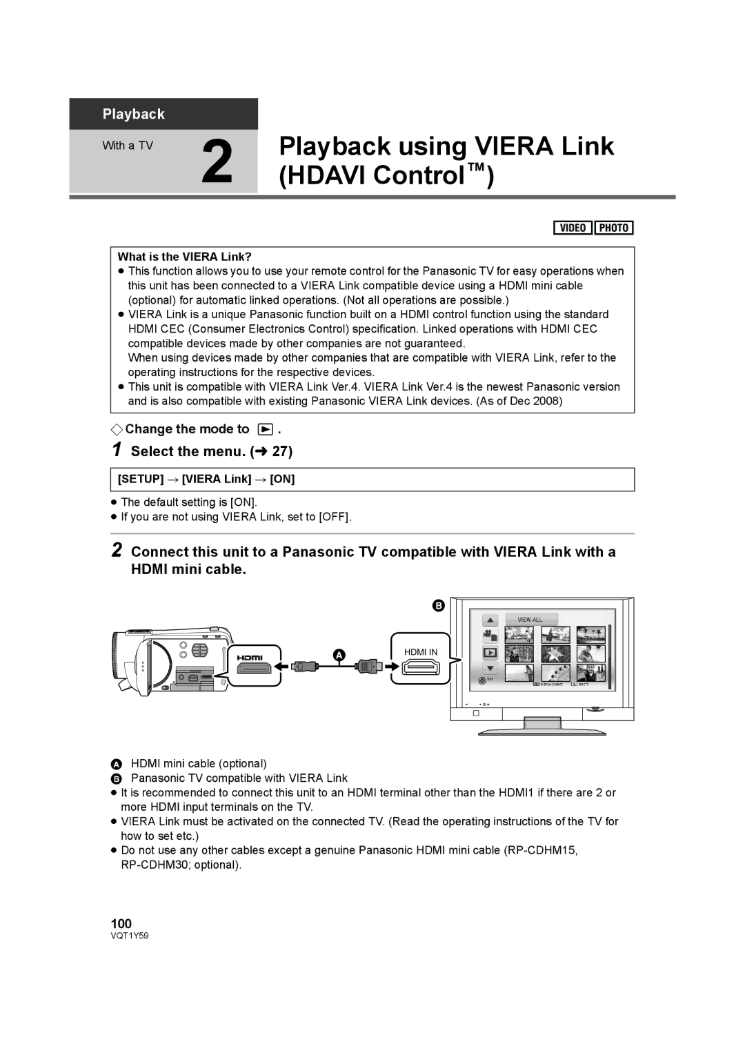 Panasonic HDC-TM200 Playback using Viera Link, Hdavi Control, 100, What is the Viera Link?, Setup # Viera Link # on 