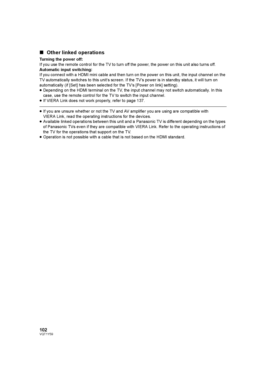 Panasonic HDC-TM200, HDC-HS200 Other linked operations, 102, Turning the power off, Automatic input switching 