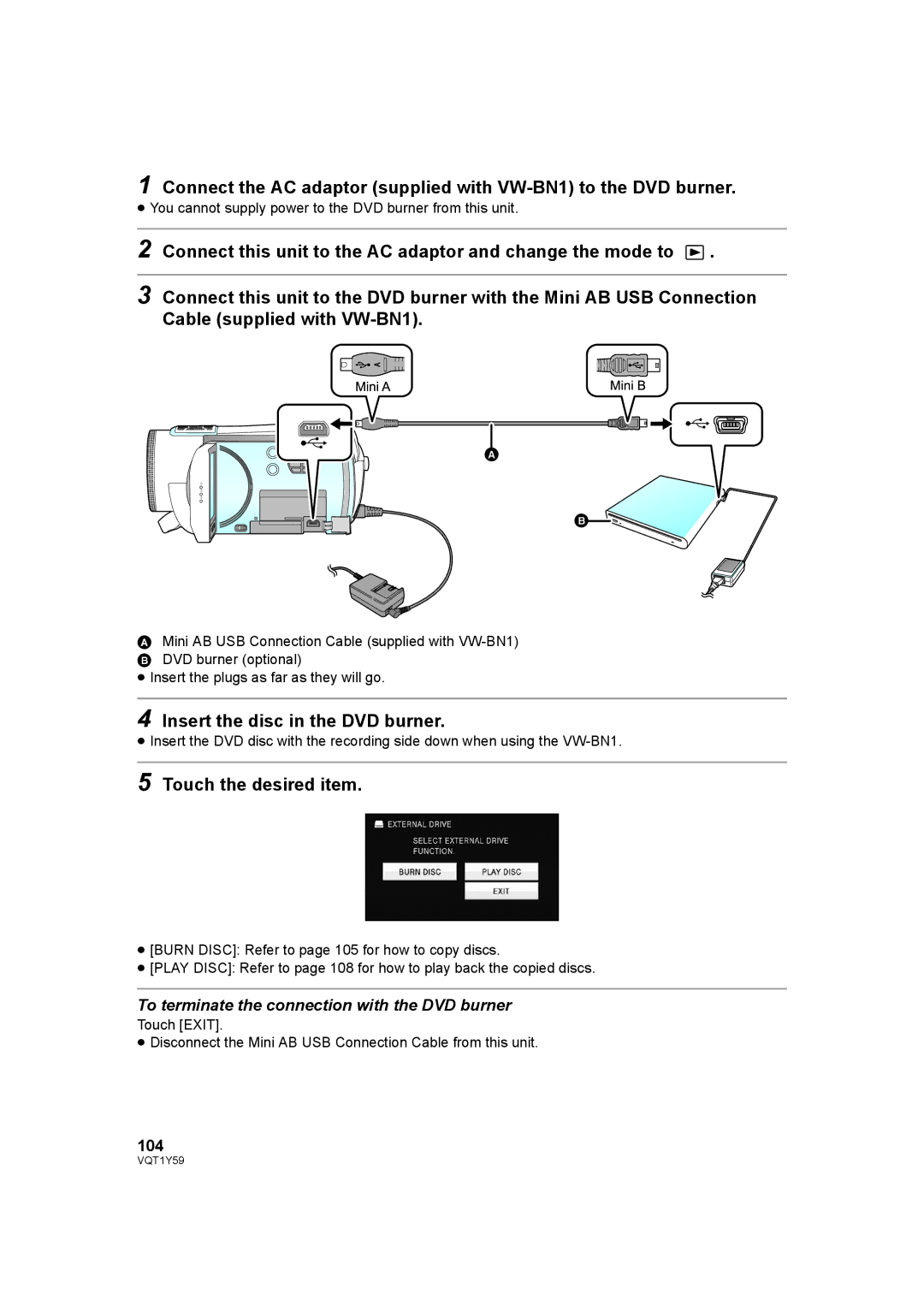 Panasonic HDC-TM200, HDC-HS200 operating instructions Insert the disc in the DVD burner, 104 