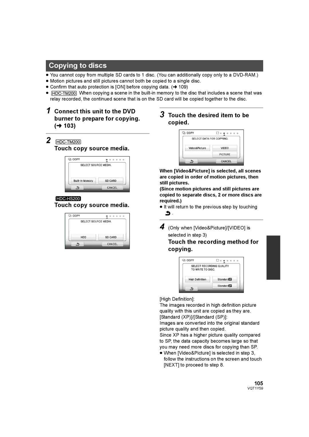 Panasonic HDC-HS200, HDC-TM200 operating instructions Copying to discs, Touch the recording method for copying, 105 