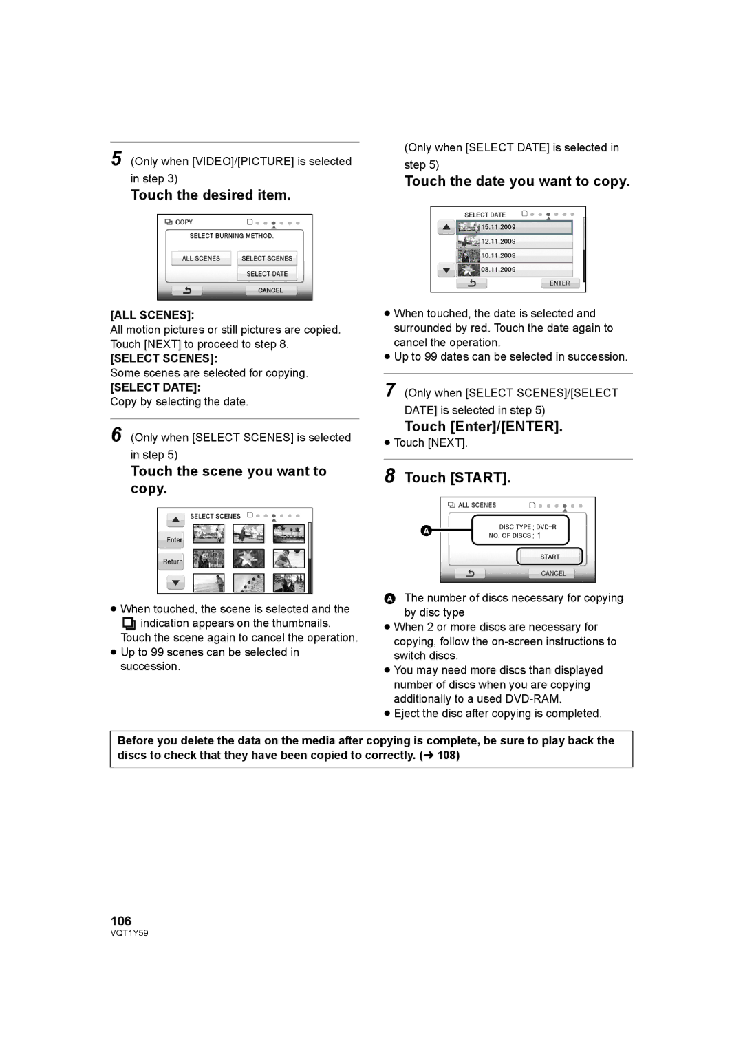 Panasonic HDC-TM200, HDC-HS200 Touch the date you want to copy, Touch the scene you want to copy, Touch Enter/ENTER, 106 