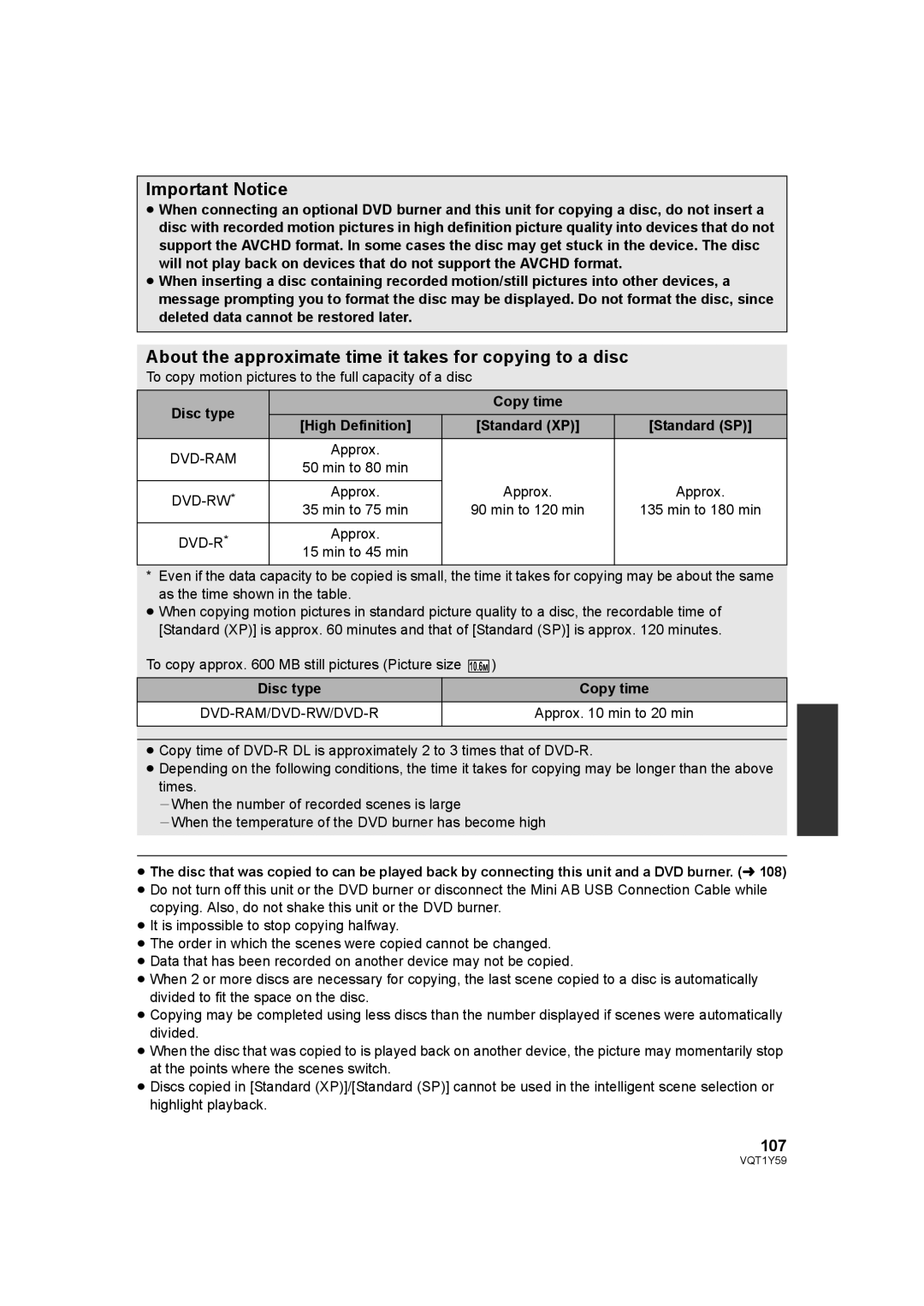 Panasonic HDC-HS200 Important Notice, About the approximate time it takes for copying to a disc, 107, Disc type Copy time 