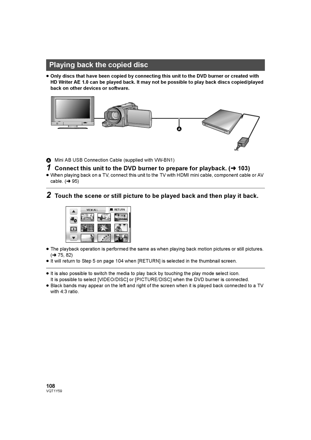 Panasonic HDC-TM200, HDC-HS200 operating instructions Playing back the copied disc, 108 