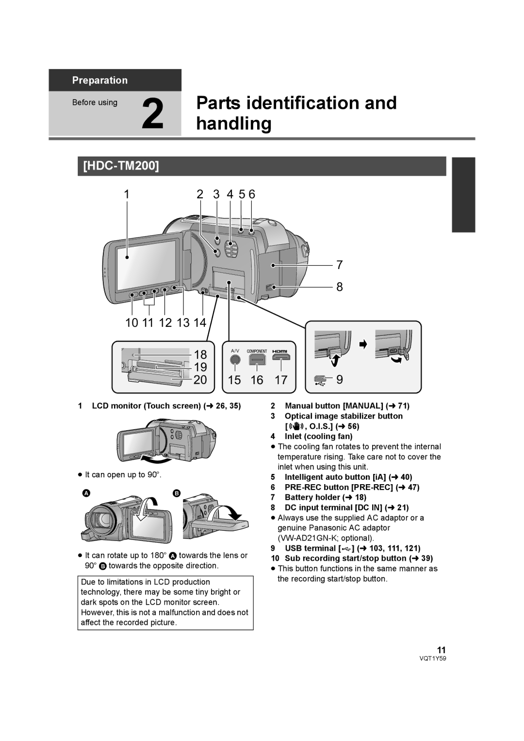 Panasonic HDC-HS200 operating instructions Parts identification, Handling, HDC-TM200, LCD monitor Touch screen l 26 