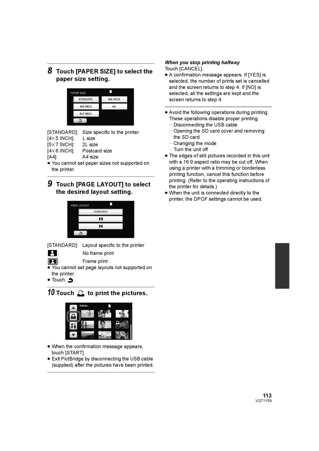 Panasonic HDC-HS200, HDC-TM200 Touch Paper Size to select the paper size setting, Touch to print the pictures, 113 