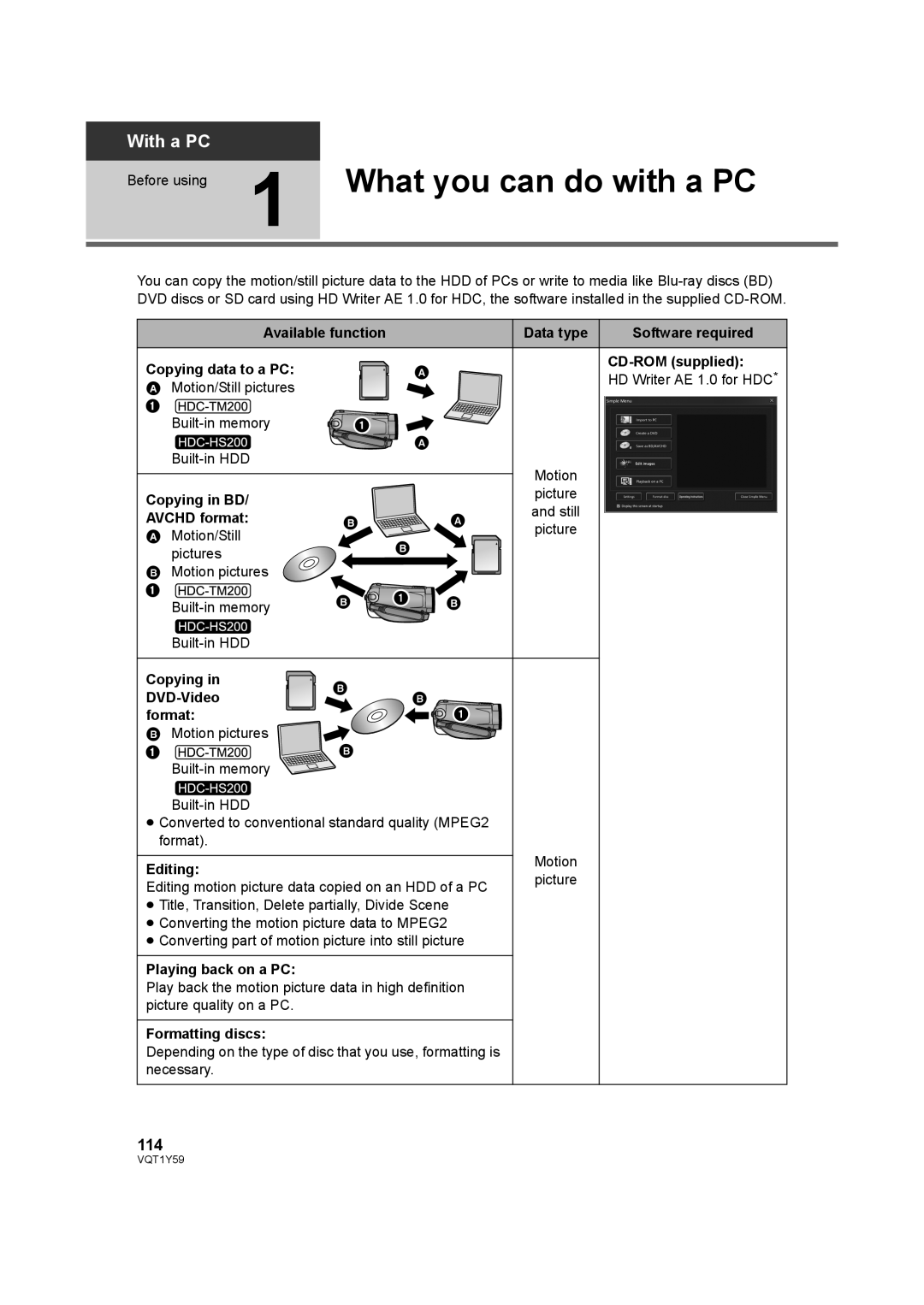 Panasonic HDC-TM200, HDC-HS200 operating instructions Before using 1 What you can do with a PC, 114 